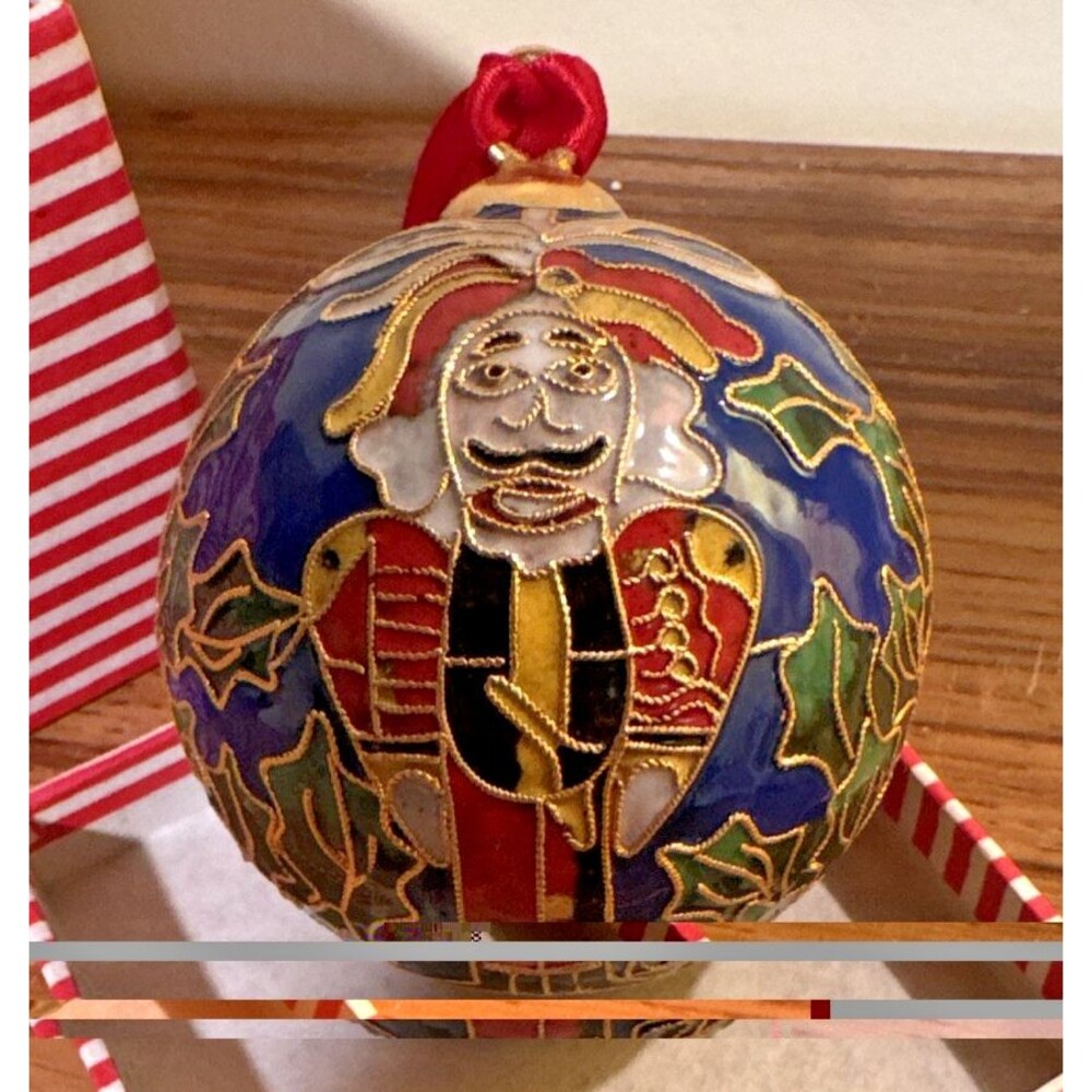Vintage Cloisonne Christmas Nutcracker Soldier Holly Berries Ornament Blue/Red